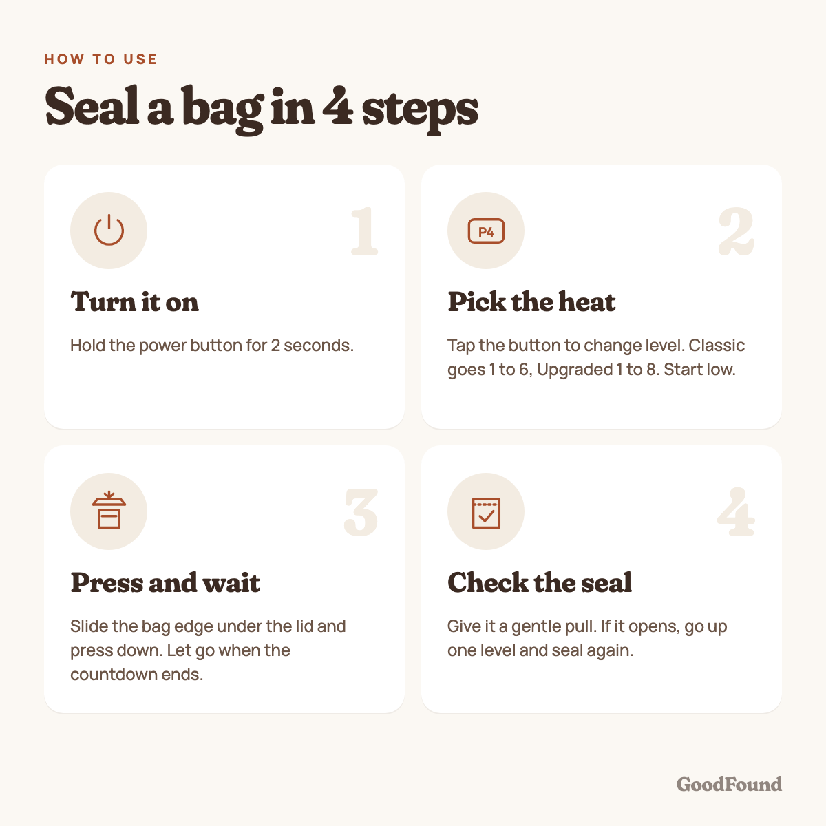 How to seal a bag in 4 steps: turn it on, pick the heat level, press and wait for the countdown, then check the seal
