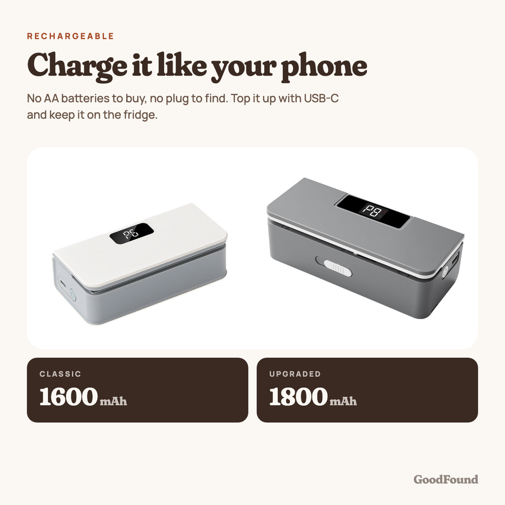 Rechargeable by USB-C: Classic has a 1600 mAh battery, Upgraded has 1800 mAh
