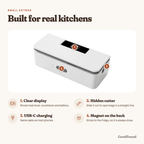 Bag sealer features: clear display, hidden cutter, USB-C charging and a magnet on the back