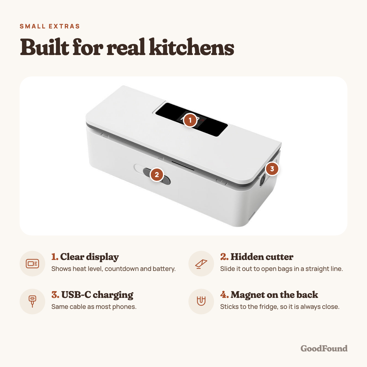 Bag sealer features: clear display, hidden cutter, USB-C charging and a magnet on the back